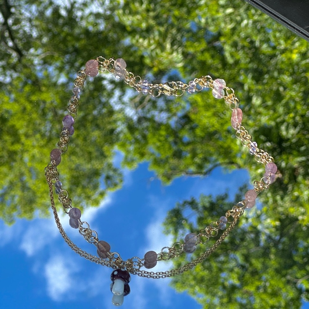 Mushroom charm beaded chain necklace